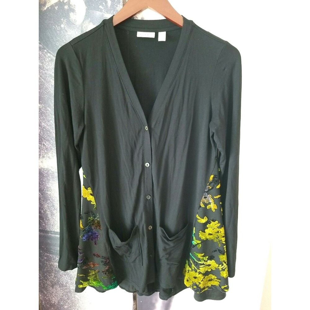 LOGO by Lori Goldstein Rayon 230 Cardi w/ Color Velvet Burnout Godets Size XXS